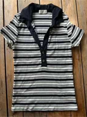 Anthropologie t:la Black and White Striped Short-Sleeve Polo Top